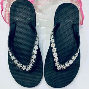Lady Lanells flat Beach Flip Flops black with gorgeous Swarovski crystals